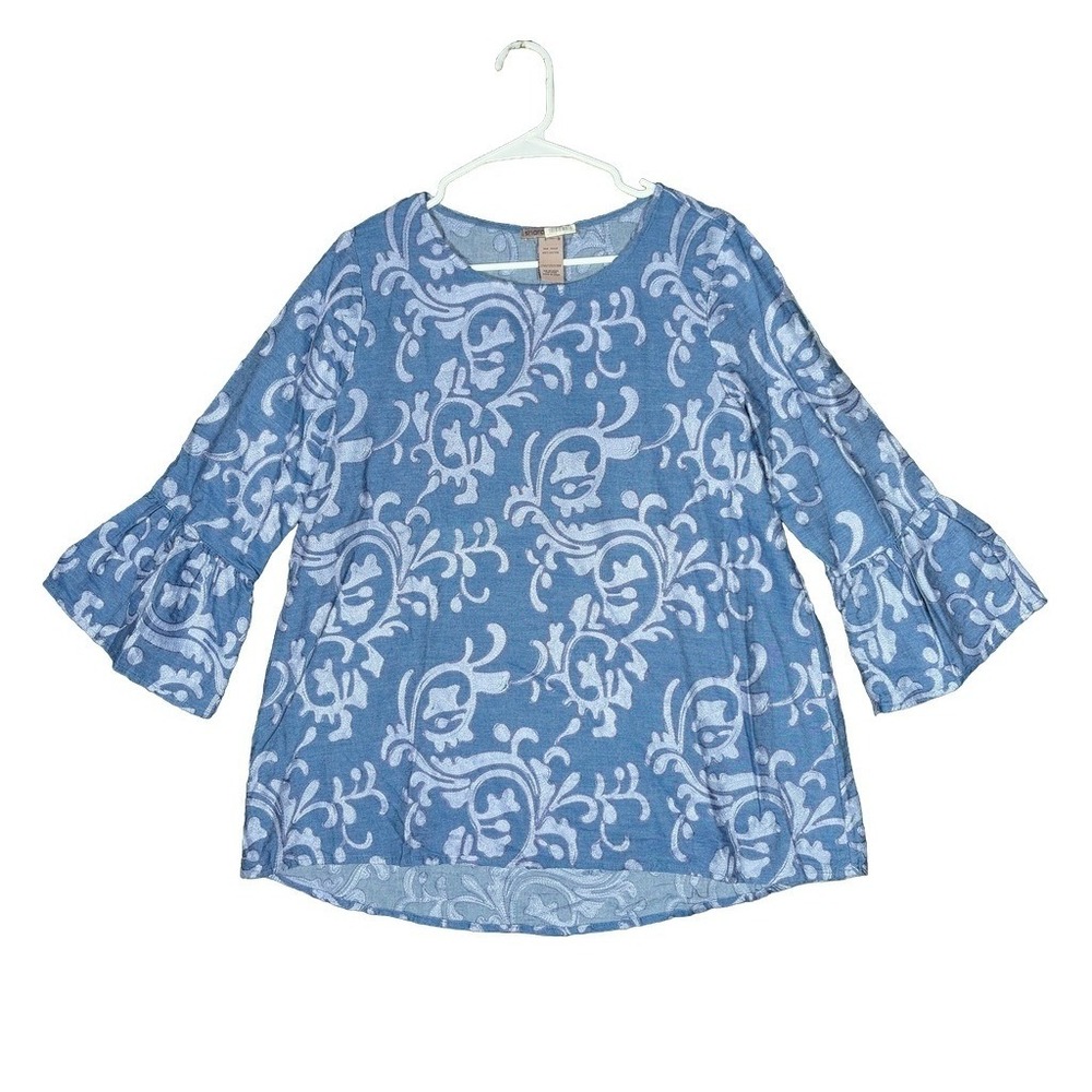 Sharon Young Womens Blue Embroidered Bell Sleeve Cotton Blouse Top Size M Boho